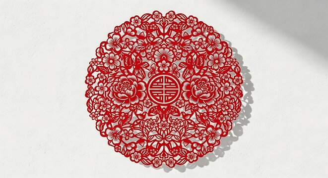 Intricate Red Paper Cutout Design with Floral and Geometric Patterns.