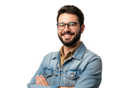Smiling man wearing glasses and denim jacket isolated on transparent background