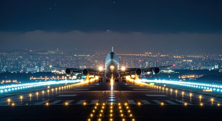 Fototapeta premium A large commercial airplane on a runway at night, with city lights in the background.