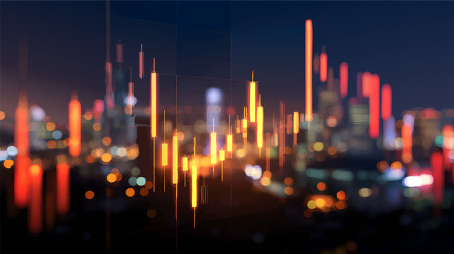 A digital stock market chart overlaying a blurred city skyline at night, showcasing vibrant candlestick patterns with glowing lights