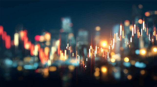 A digital stock market chart overlaying a blurred city skyline at night, showcasing vibrant candlestick patterns with glowing lights