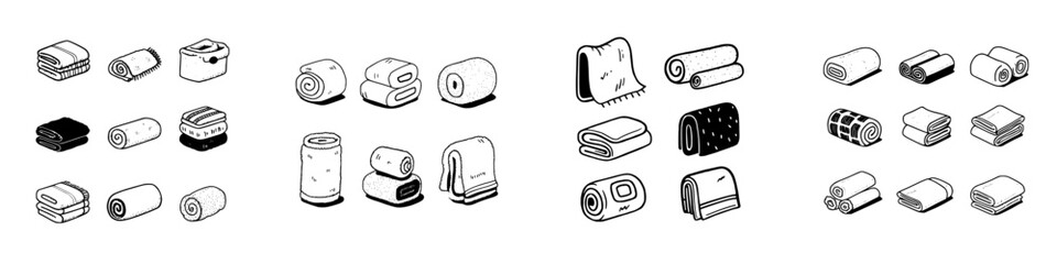Collection of isometric hand-drawn towel icons in various folded and rolled states