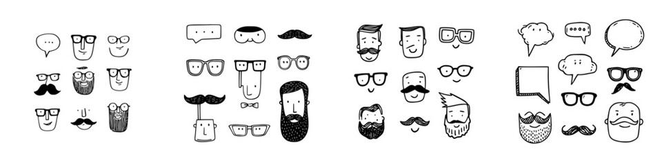 Hand drawn hipster face elements collection with beards mustaches and glasses