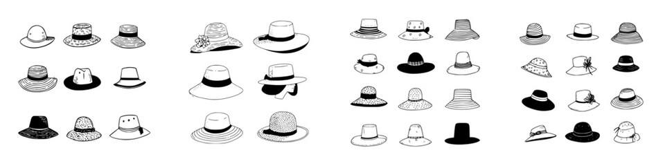 Collection of various summer and sun hats in black and white outline style