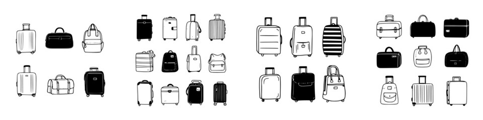 Assortment of travel luggage and bags in simple black and white outline style