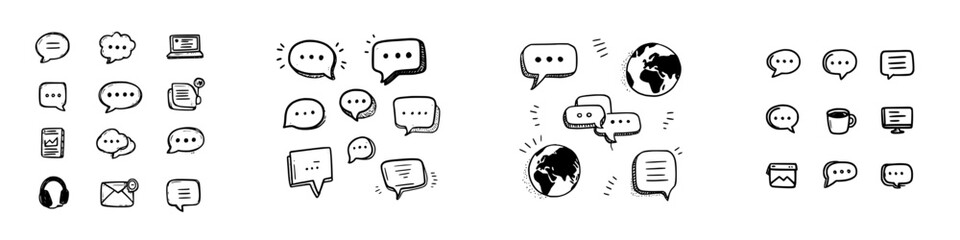 Hand drawn communication and chat bubble icon set with global connection elements