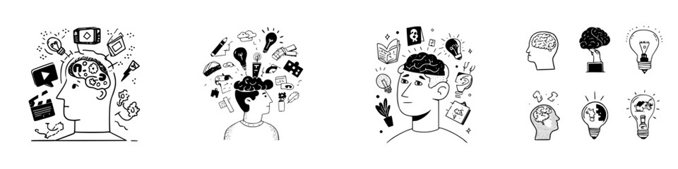 Doodle icons depicting human thought process and creative idea generation