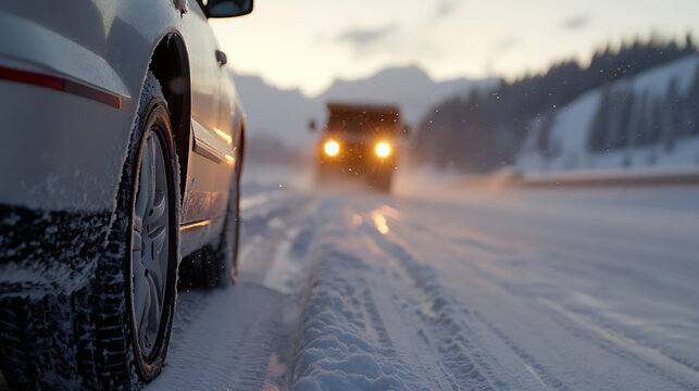 Winter driving on a snow-covered road with another vehicle approaching in the distance, against a backdrop of mountains and trees.
