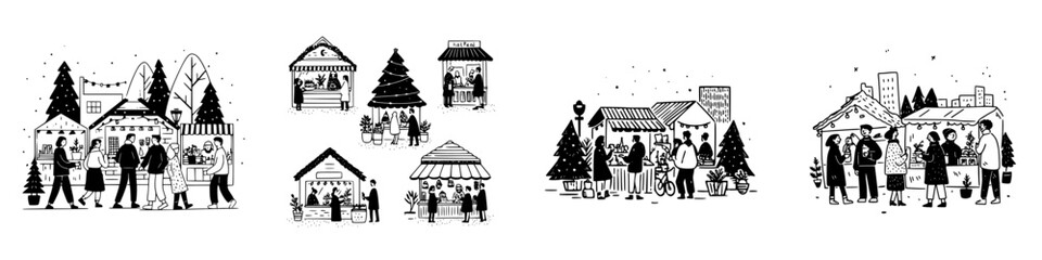 Hand drawn winter market scenes featuring people and vendor stalls