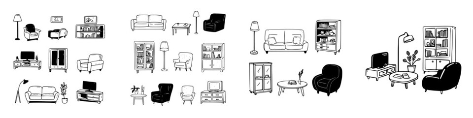 Doodle style living room furniture and decor elements for interior design