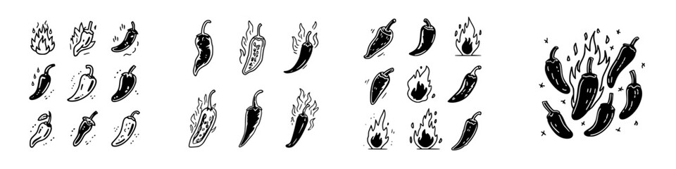 Hot chili pepper icons set with fire and spice elements