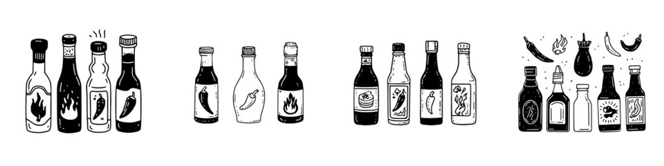 Assortment of hot sauce and condiment bottles with chili pepper icons