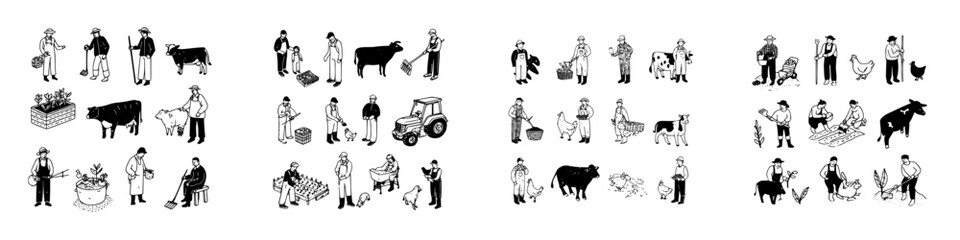 Set of hand-drawn icons featuring farmers and various farm animals