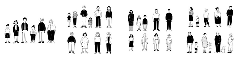 Diverse group of people standing together showing different ages and family units