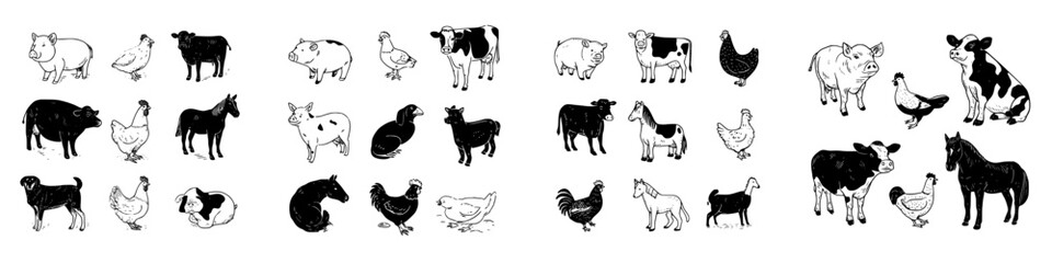 Collection of various farm animals in black and white hand drawn style