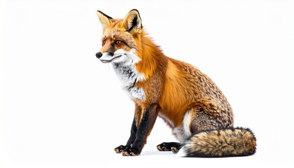Fototapeta premium Red fox sitting with bushy tail on white background