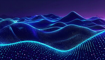 Abstract digital landscape of glowing blue and purple waves made of tiny particles