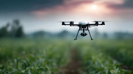 Fototapeta premium A modern drone surveys a lush green agricultural field during a dramatic sunset highlighting technological innovation in farming