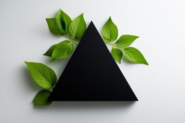  sleek black triangle placed on a clean white background, with vibrant green leaves 