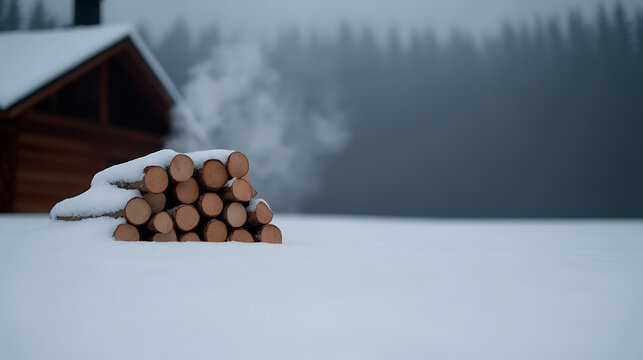 Winter cabin firewood: a stack of logs covered in snow, with steam rising, suggests warmth and rustic charm amid a frosty landscape. - Powered by Adobe