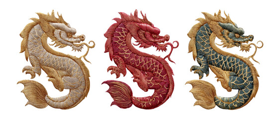 Fototapeta premium Detailed Embroidery Dragon Designs in Three Distinct Colors and Styles