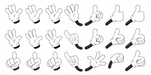 Collection of cartoon hands in various poses and gestures with white gloves and black cuffs