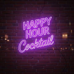 Fototapete Bar Happy Hour Cocktail Neon Sign on Brick Wall - Nightlife Invitation.  © bisa