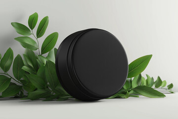 A black matte circular tin jar mockup