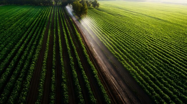 Aerial view of an expansive green farm field with rows of crops being watered by an irrigation system on a sunny day