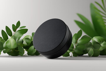 A black matte circular tin jar mockup placed elegantly alongside fresh greenery