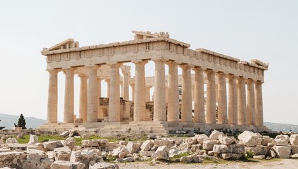 Fototapeta premium Grand classical architectural marvel from ancient Greece, featuring majestic columns and historic ruins against a bright sky, captured with vivid clarity and realistic detail