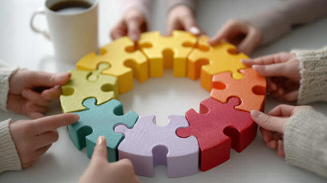 Hands holding colourful puzzle pieces symbolising teamwork and collaboration