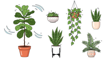 A collection of various illustrated houseplants in decorative pots including a fiddle-leaf fig snake plant fern and hanging vine. © Rizal
