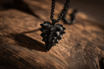 A bold black spiked heart pendant resting elegantly on a rich, textured wooden surface