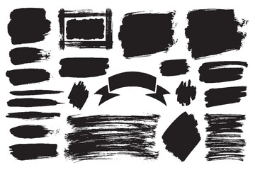 Thick Black Paint Brush Strokes, Shapes, and Hand-Drawn Banner Set

