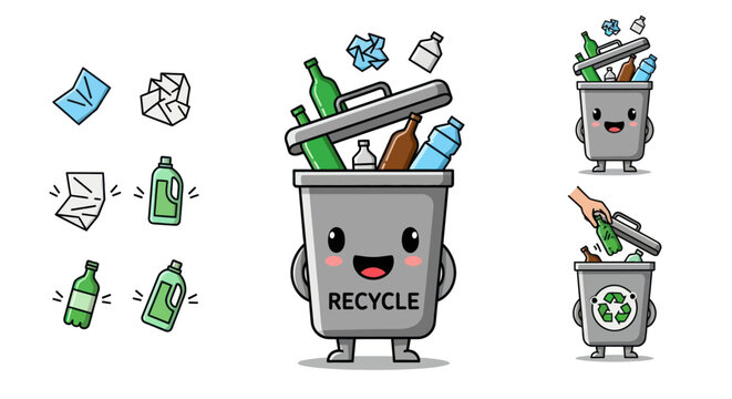 A cute cartoon recycling bin character mascot set with recyclable waste like bottles and paper.