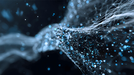 Abstract representation of a digital network with glowing blue lines and nodes, creating a sense of movement and depth © Pickoloh