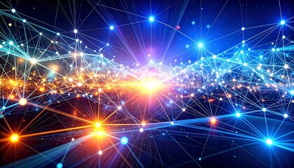 Abstract Digital Network Connections with Glowing Lights and Futuristic Cityscape Background
