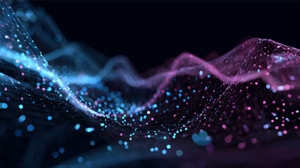 Futuristic vibrant abstract digital network background with radial burst of light and energy emanating. Blue, purple, and orange light beams radiate and glowing particles effects. 3D illustration