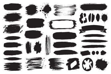 Large Set of Black Textured Brush Strokes, Ink Splatters, and Graphic Shapes

