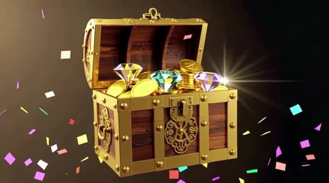 Opening treasury box with gold and diamond inside