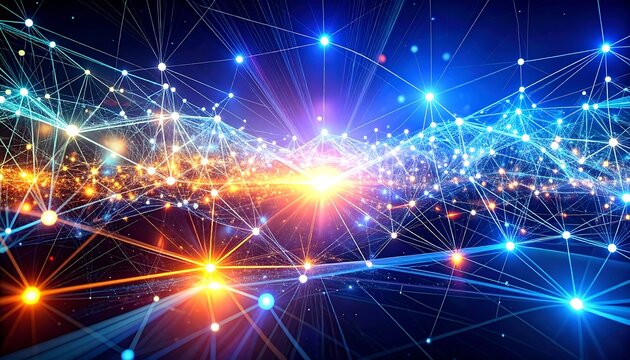 Abstract Digital Network Connections with Glowing Lights and Futuristic Cityscape Background