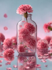 AI generated illustration of a glass bottle filled with  carnations, minimalistic floral composition, soft light, elegant and romantic still life.