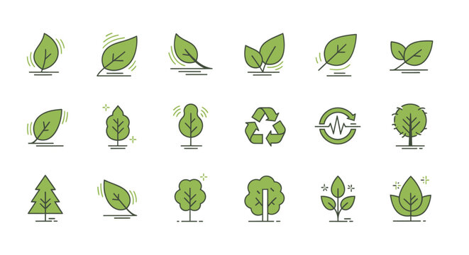 A collection of green ecology and nature icons featuring leaves trees and recycling symbols in a line art style.