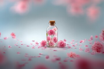AI generated illustration of a glass bottle filled with pink carnations, minimalistic floral composition, soft light, elegant and romantic.