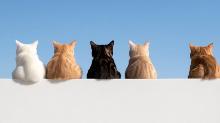A quintet of feline friends sits side-by-side on a white wall, backs to the viewer. Their coats range from white and orange to black against a pure blue sky.