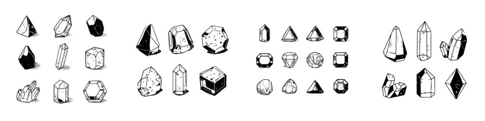 Hand drawn crystal and gemstone shapes in detailed black and white style
