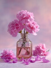 AI generated illustration of a glass bottle filled with pink carnations, minimalistic floral composition, soft light, romantic still life.