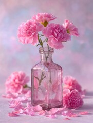 AI generated illustration of a glass bottle filled with pink carnations, minimalistic floral composition, soft light, elegant and romantic still life.