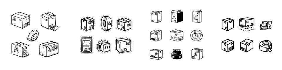 Hand drawn icons for shipping, delivery, and various packages with tape